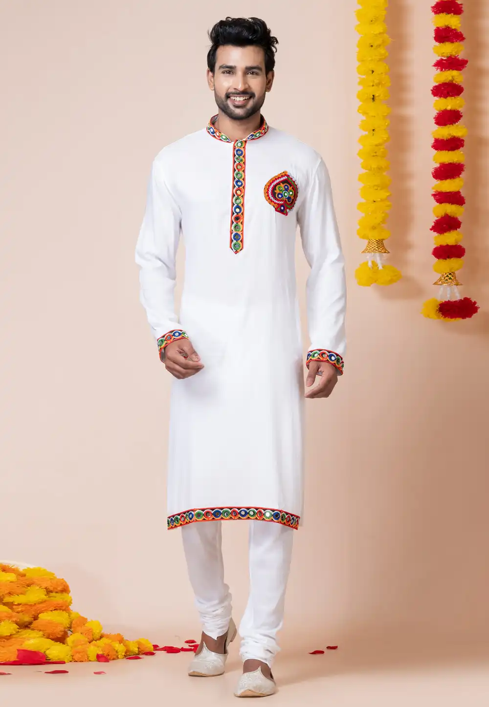 White Rayon Navratri Kurta Pajama 292585