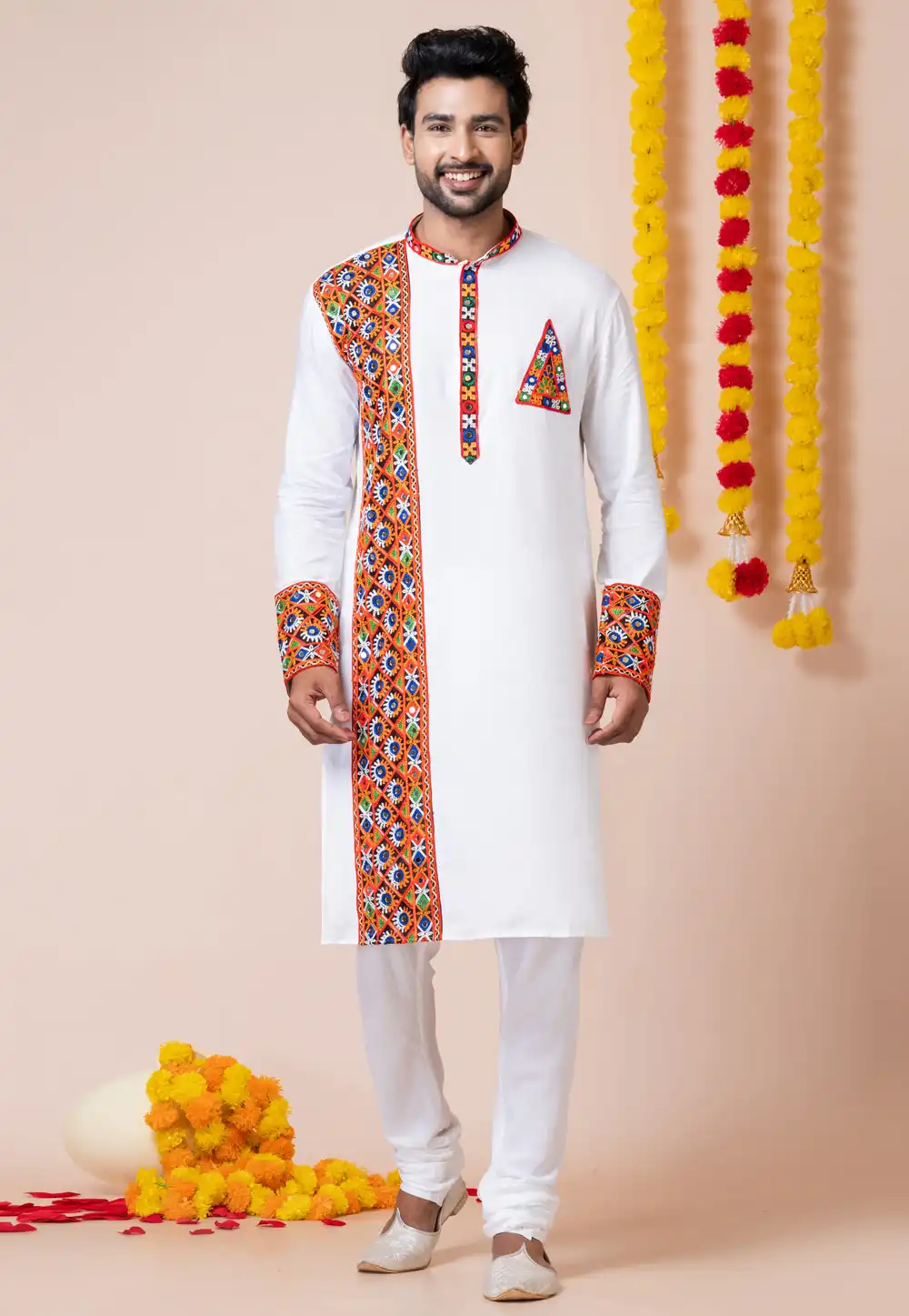 White Rayon Navratri Kurta Pajama 292605