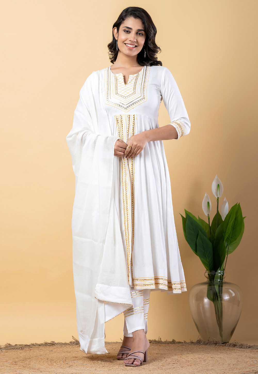 White Rayon Readymade Center Slit Anarkali Suit 309284