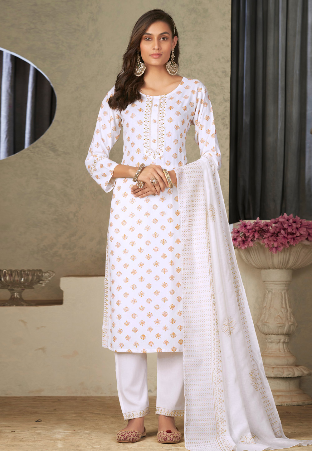 White Rayon Readymade Pakistani Suit 280539