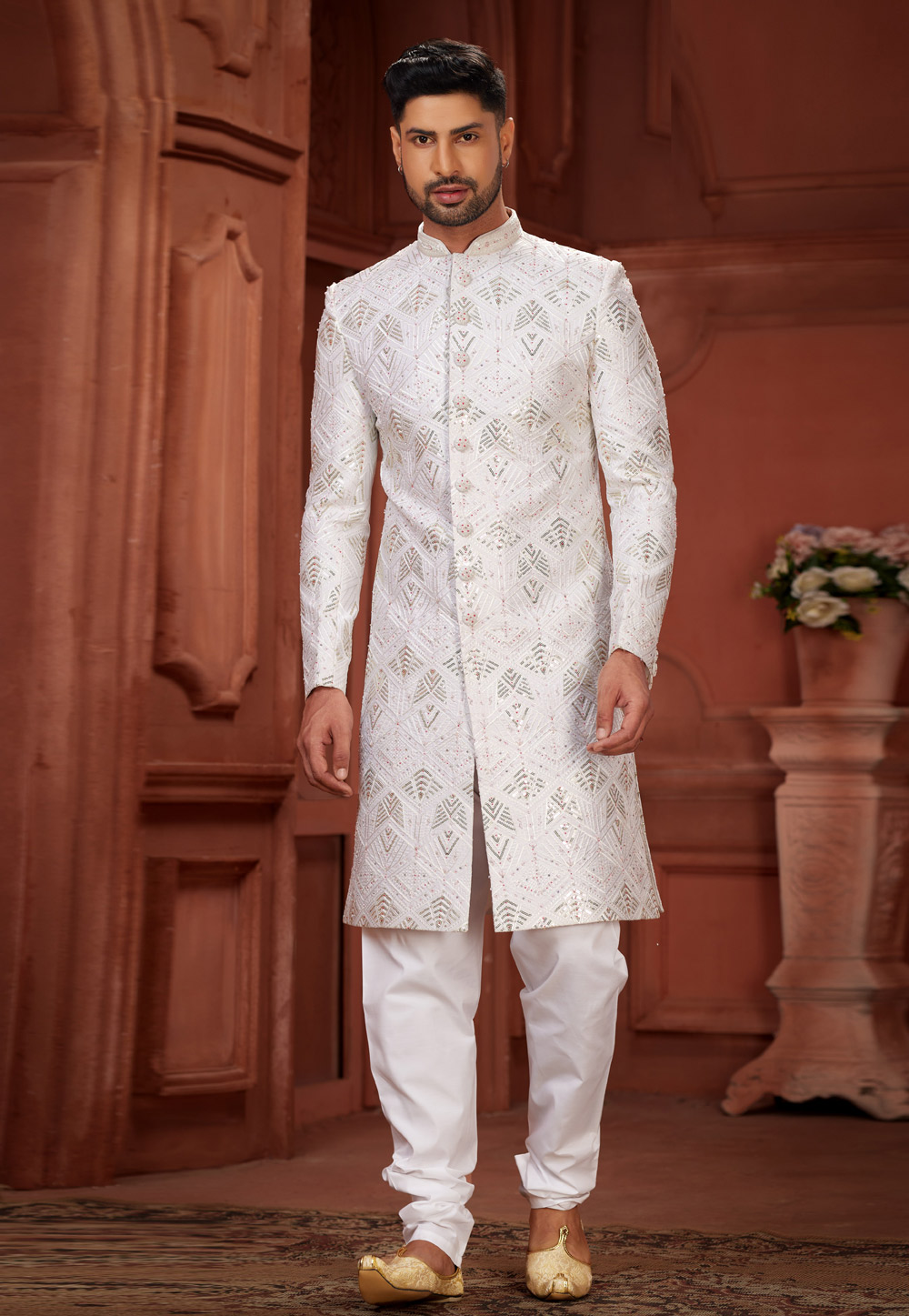White Silk Achkan Style Sherwani 286268