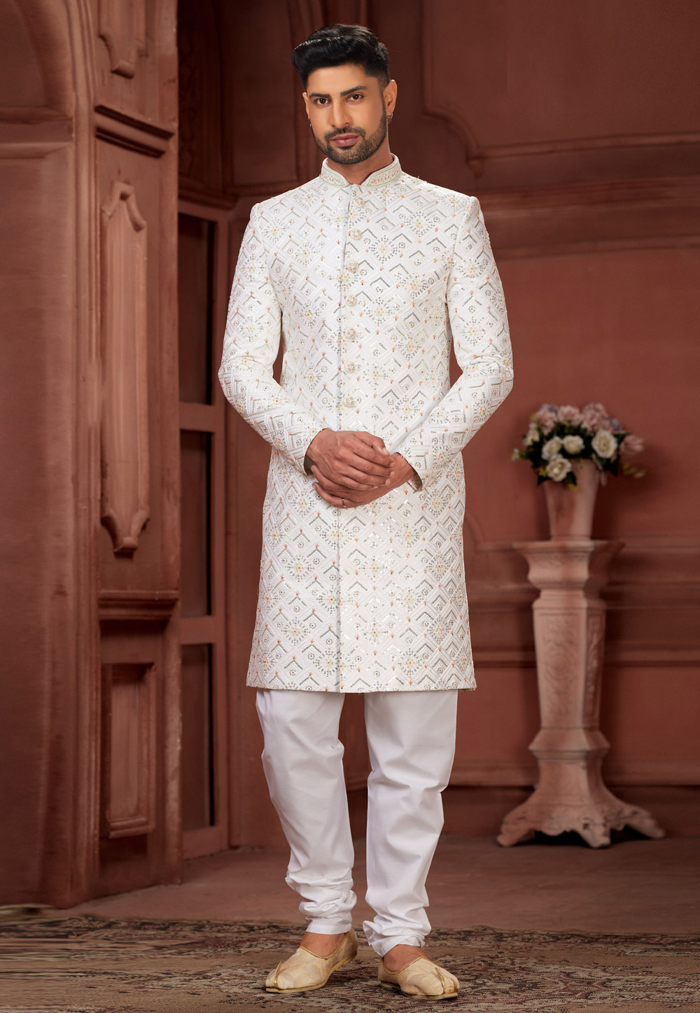 White Silk Achkan Style Sherwani 286269