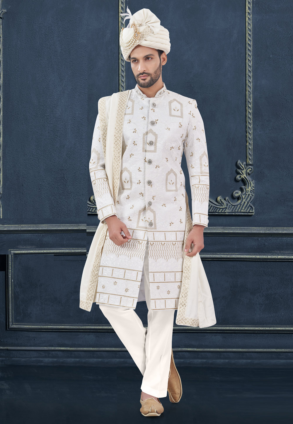 White Silk Achkan Style Sherwani 305186