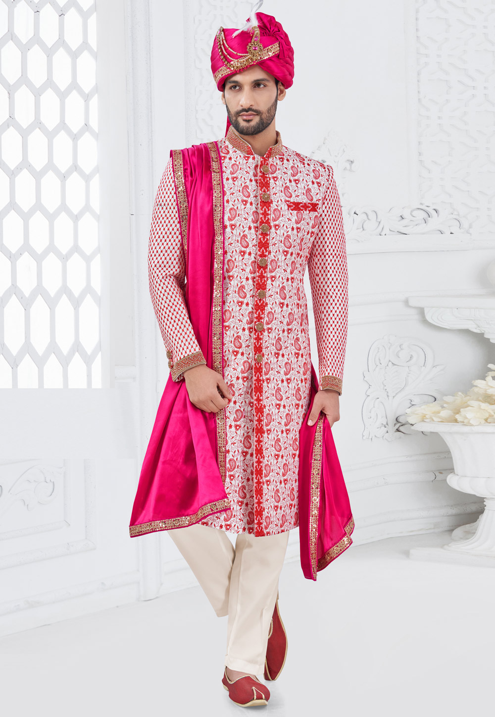 White Silk Achkan Style Sherwani 305205