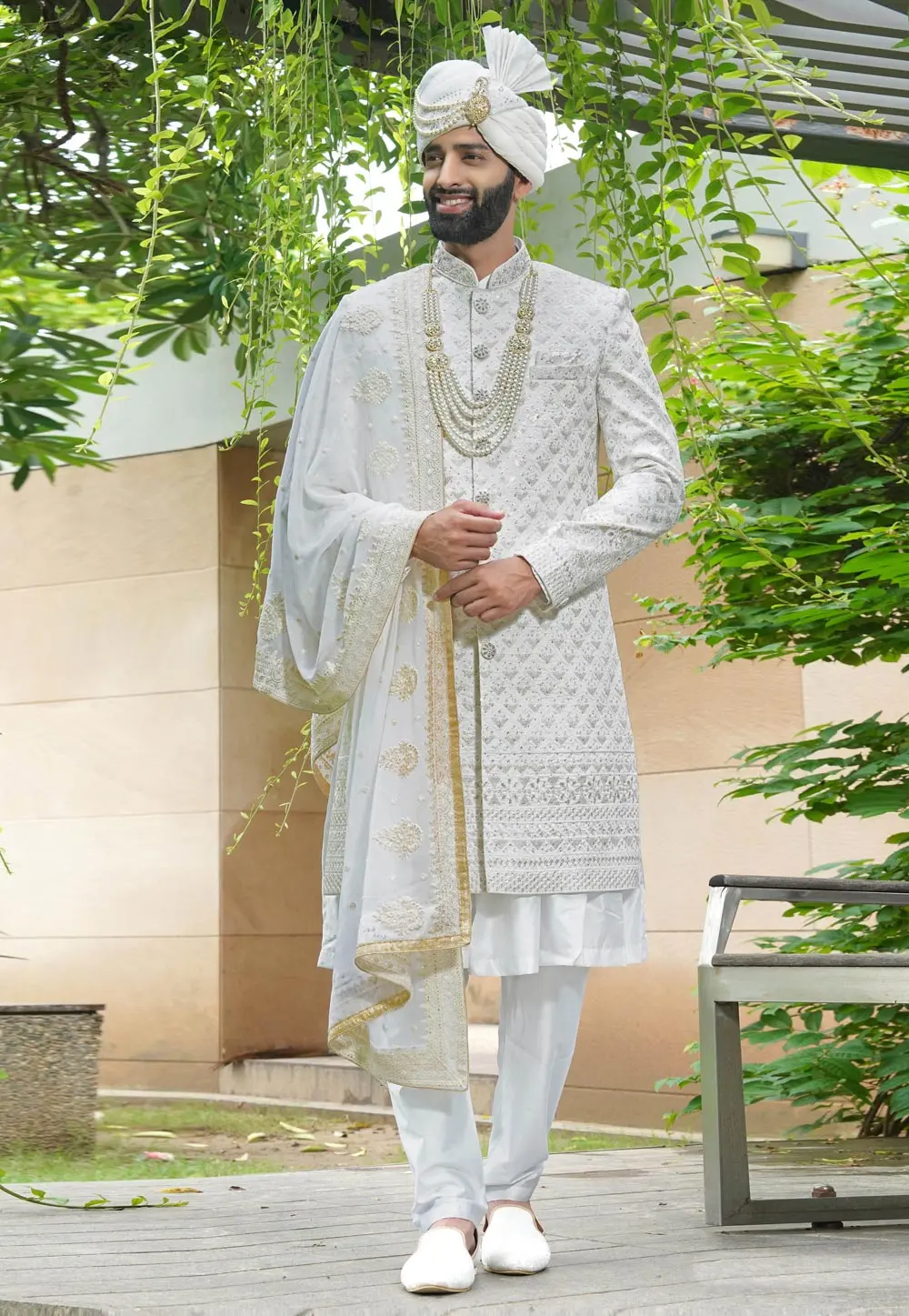 White Silk Anarkali Sherwani 302490