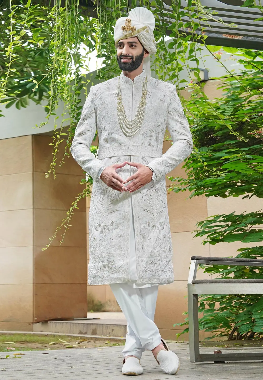 White Silk Anarkali Sherwani 302491