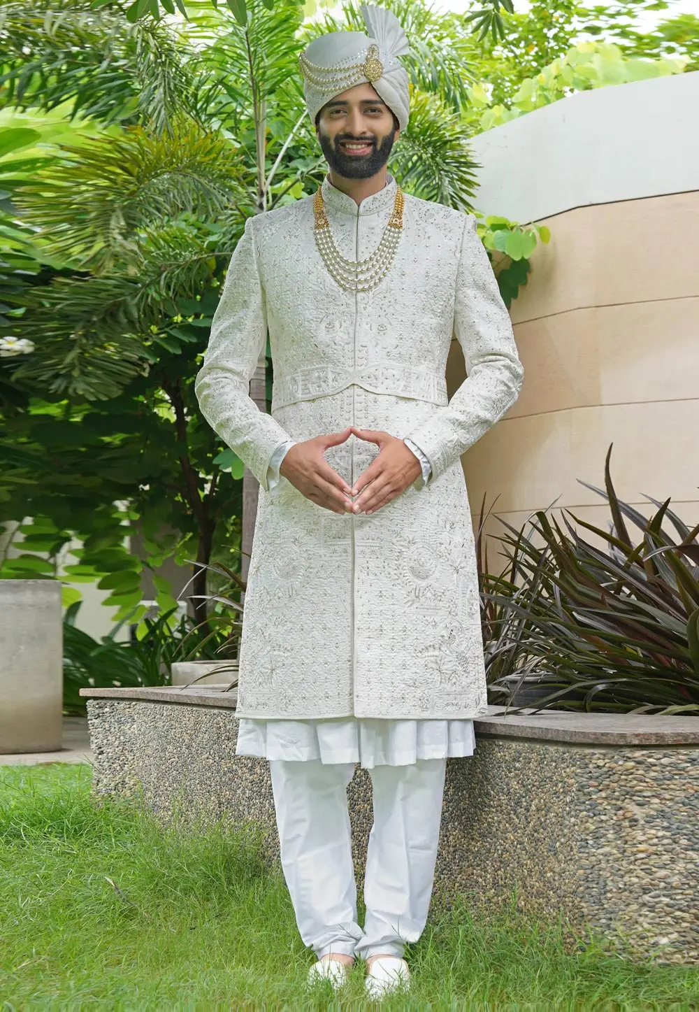 White Silk Anarkali Sherwani 302492