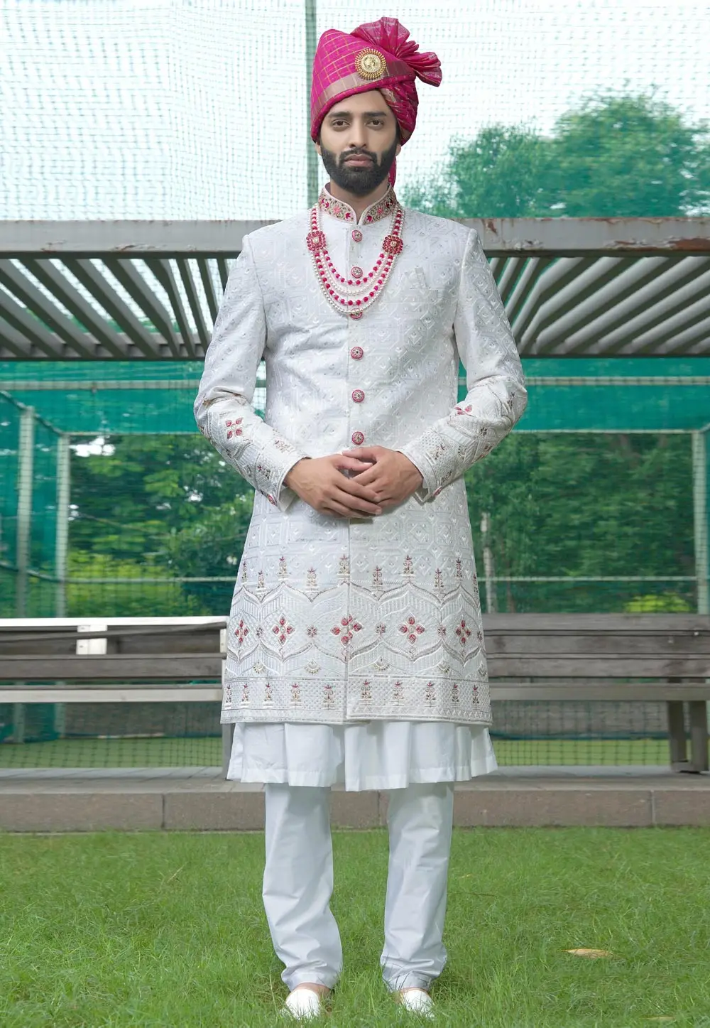 White Silk Anarkali Sherwani 302498