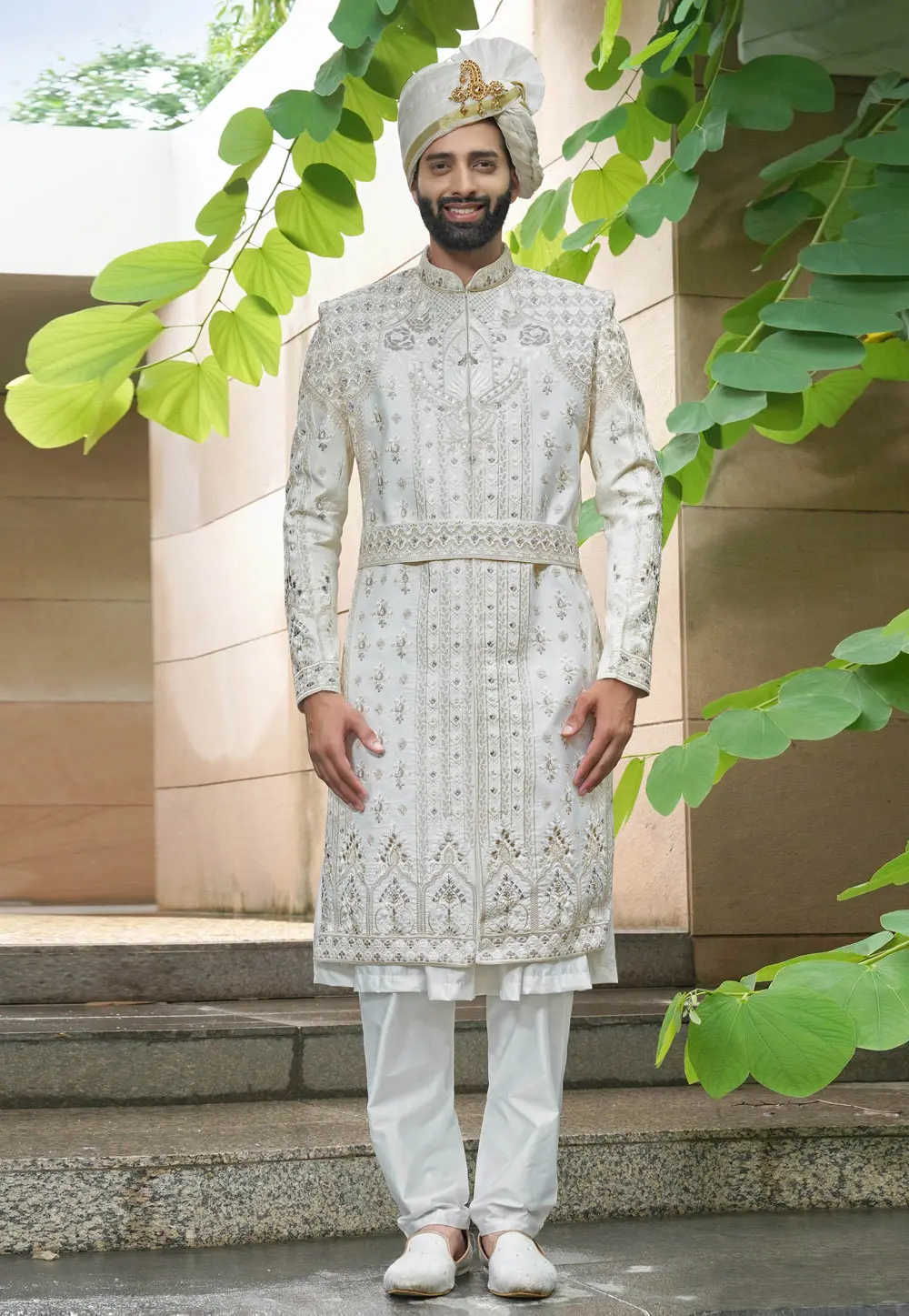 White Silk Anarkali Sherwani 302506