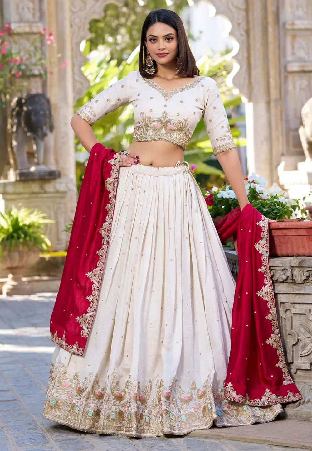 White Silk Circular Lehenga Choli 300909