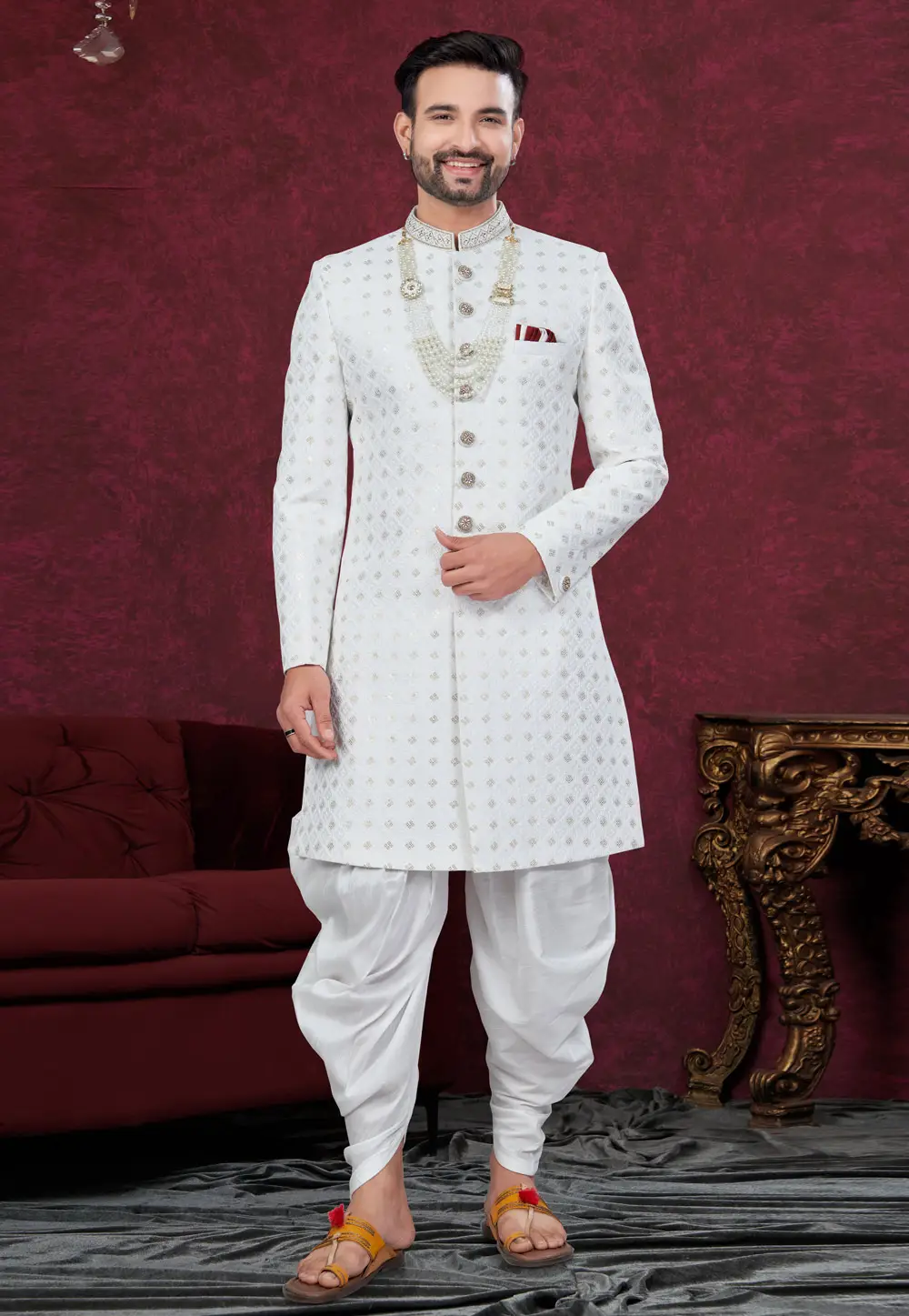 White Silk Dhoti Sherwani 295642