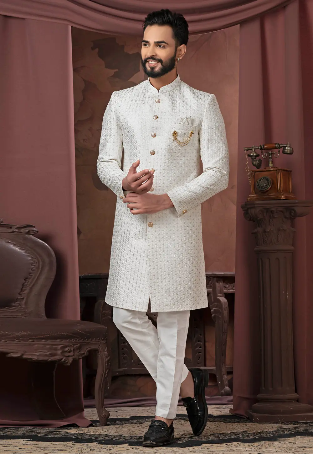 White Silk Indo Western Sherwani 302464