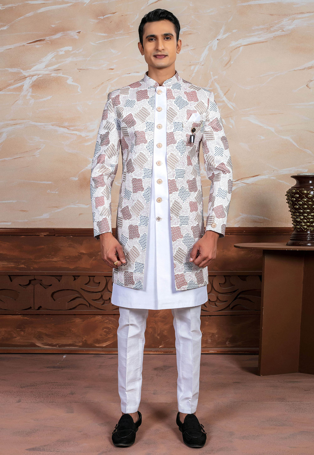 White Silk Indo Western Suit 287142