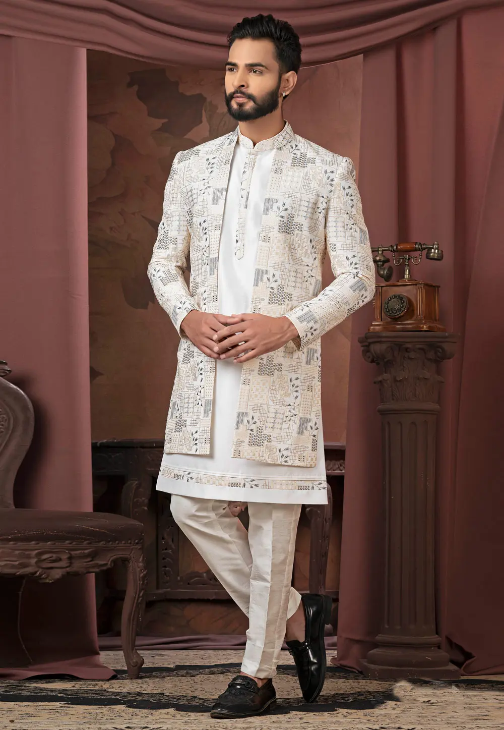 White Silk Indo Western Suit 302427