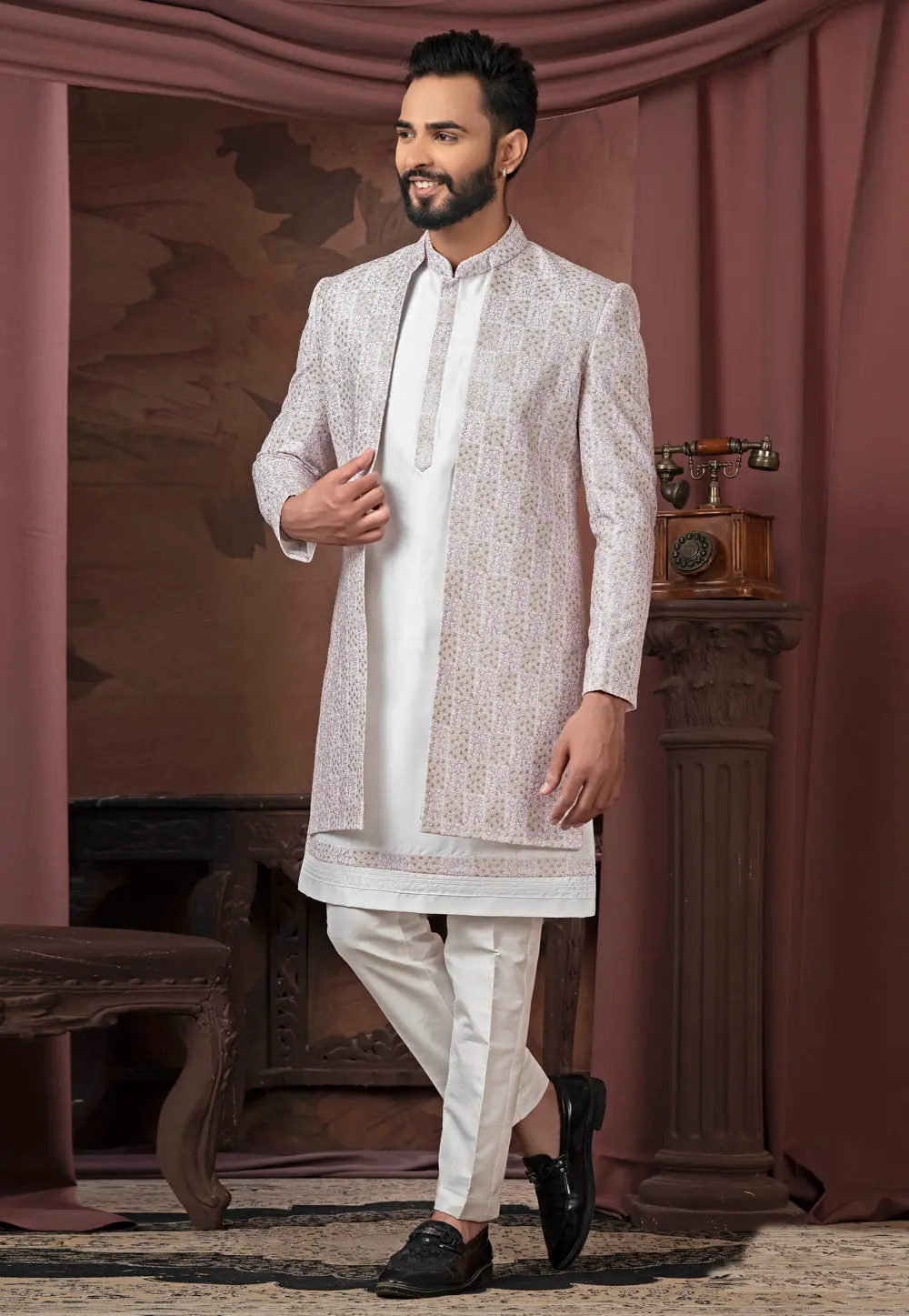 White Silk Indo Western Suit 302437