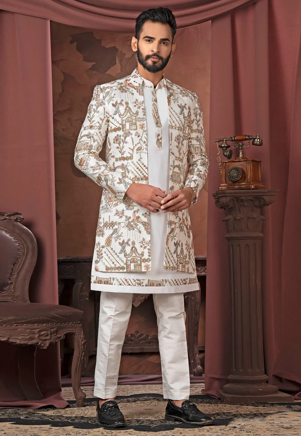 White Silk Indo Western Suit 302467