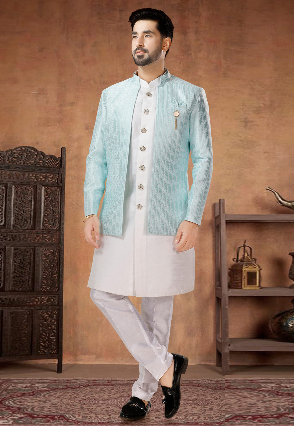 White Silk Indo Western Suit 282975