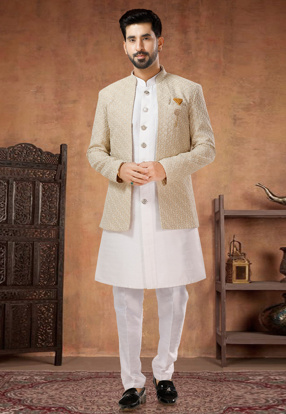 White Silk Indo Western Suit 282976