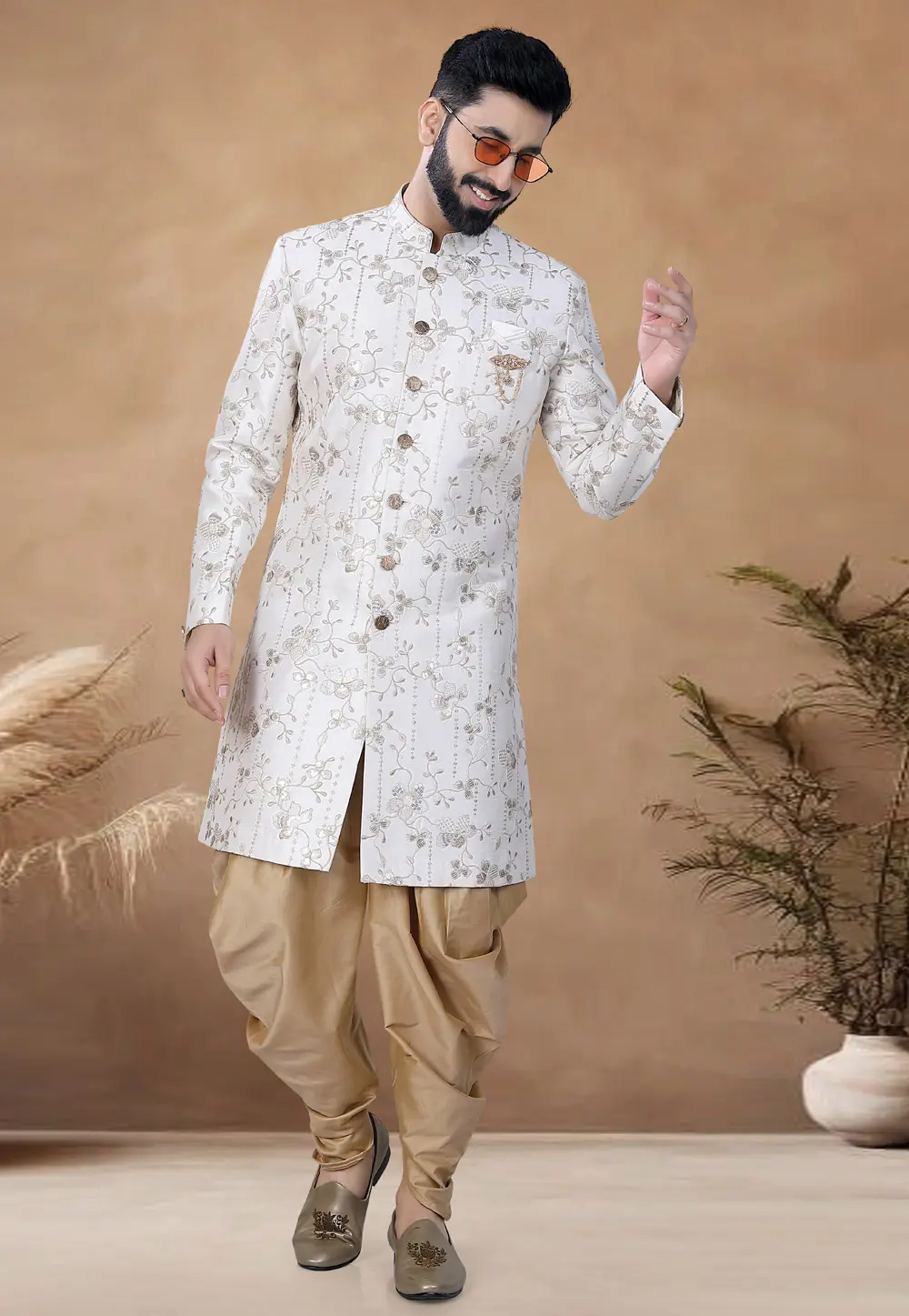 White Silk Indo Western Suit 298579