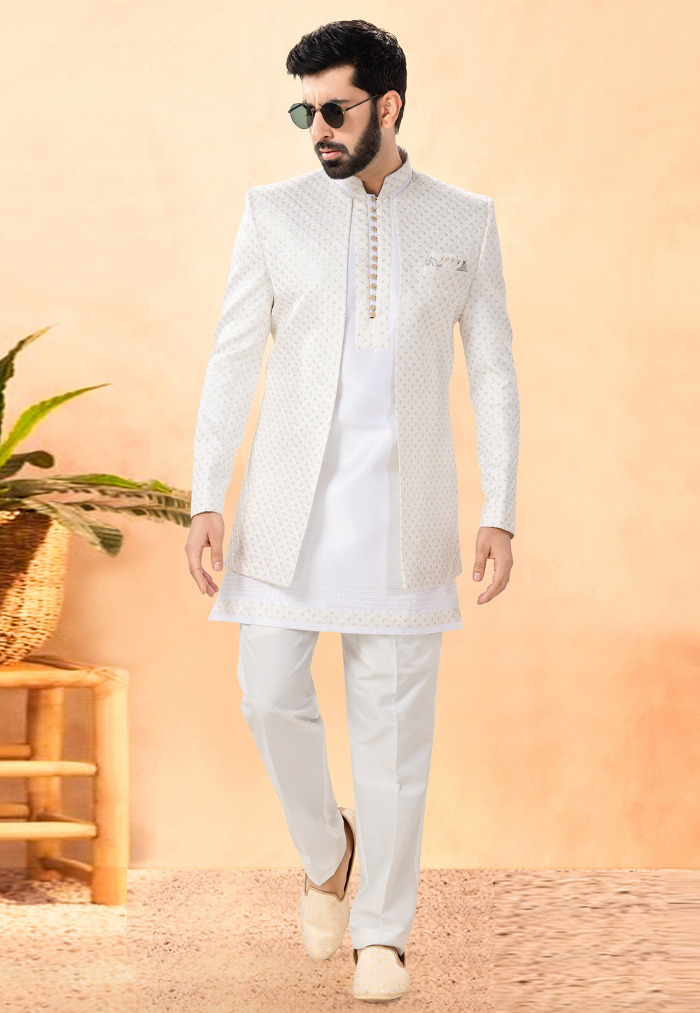 White Silk Indo Western Suit 306116