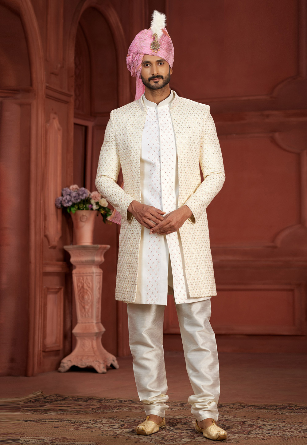 White Silk Jacket Style Sherwani 286270
