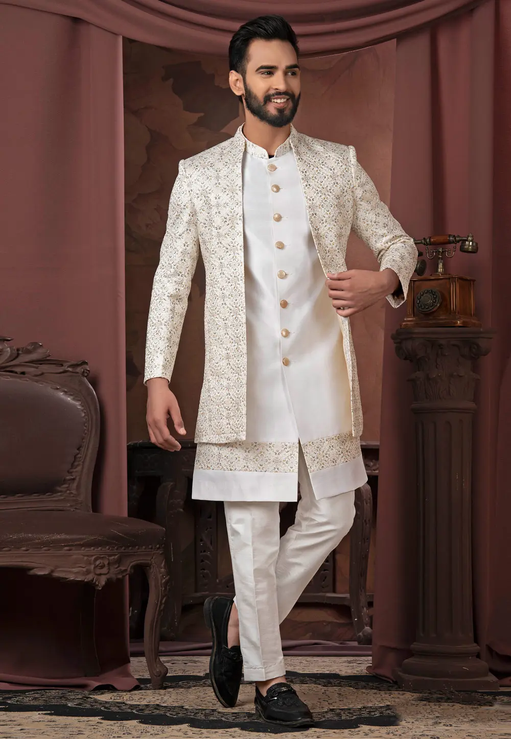 White Silk Jacket Style Sherwani 302452