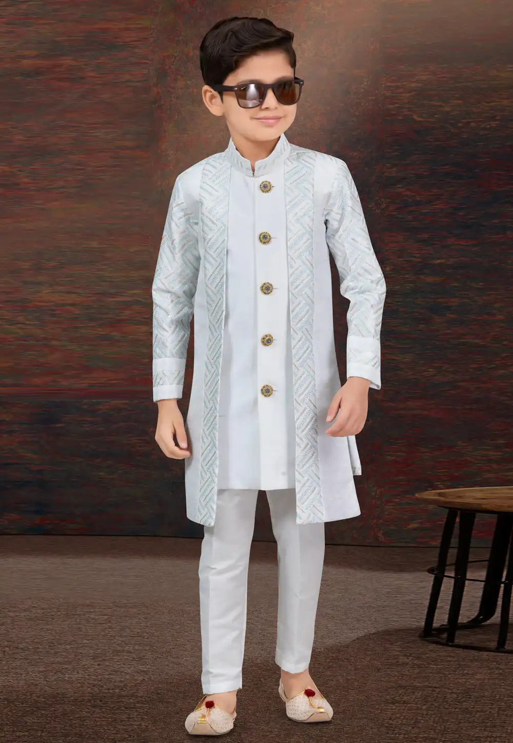 White Silk Kids Indo Western Suit 294943