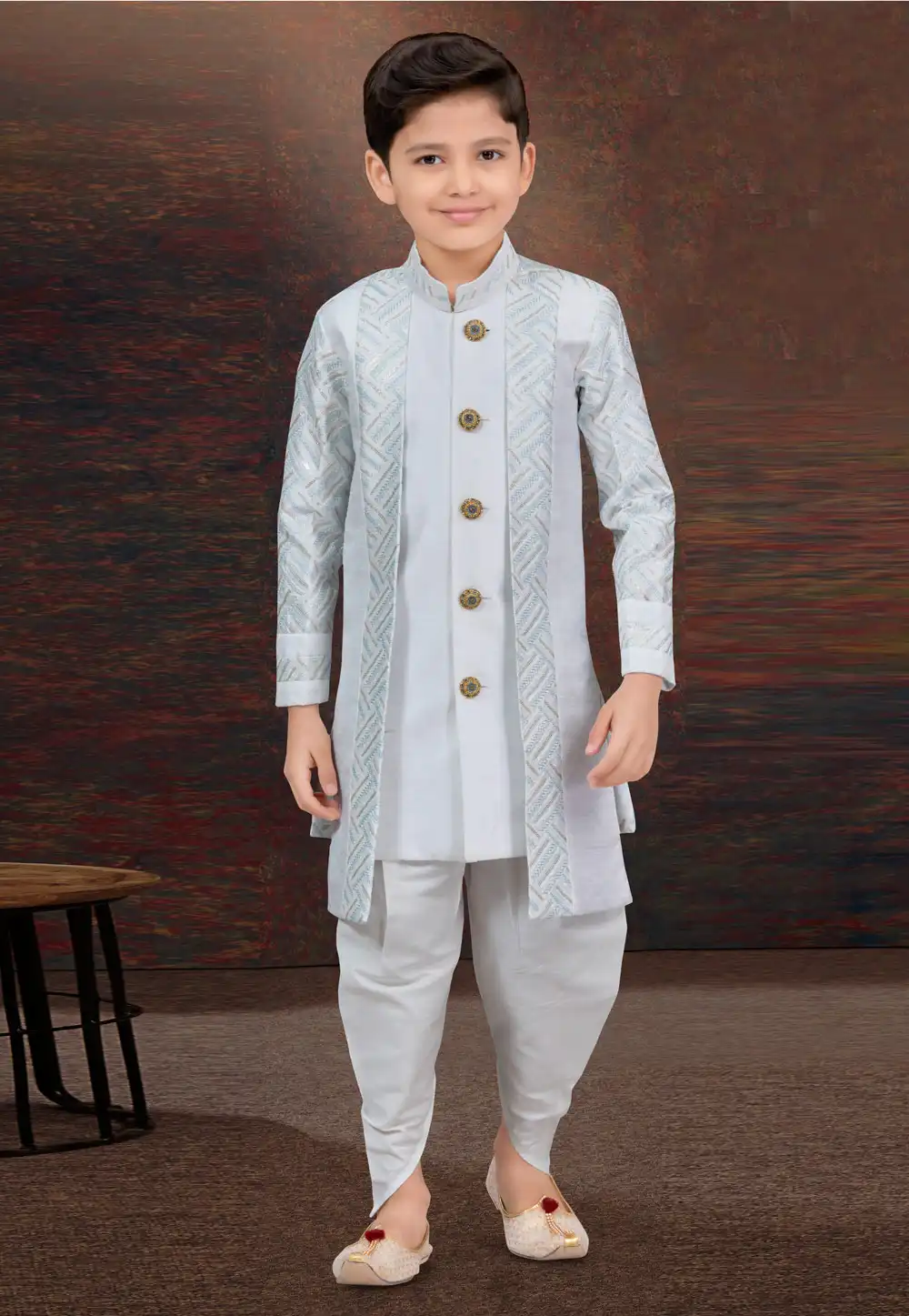 White Silk Kids Indo Western Suit 294952