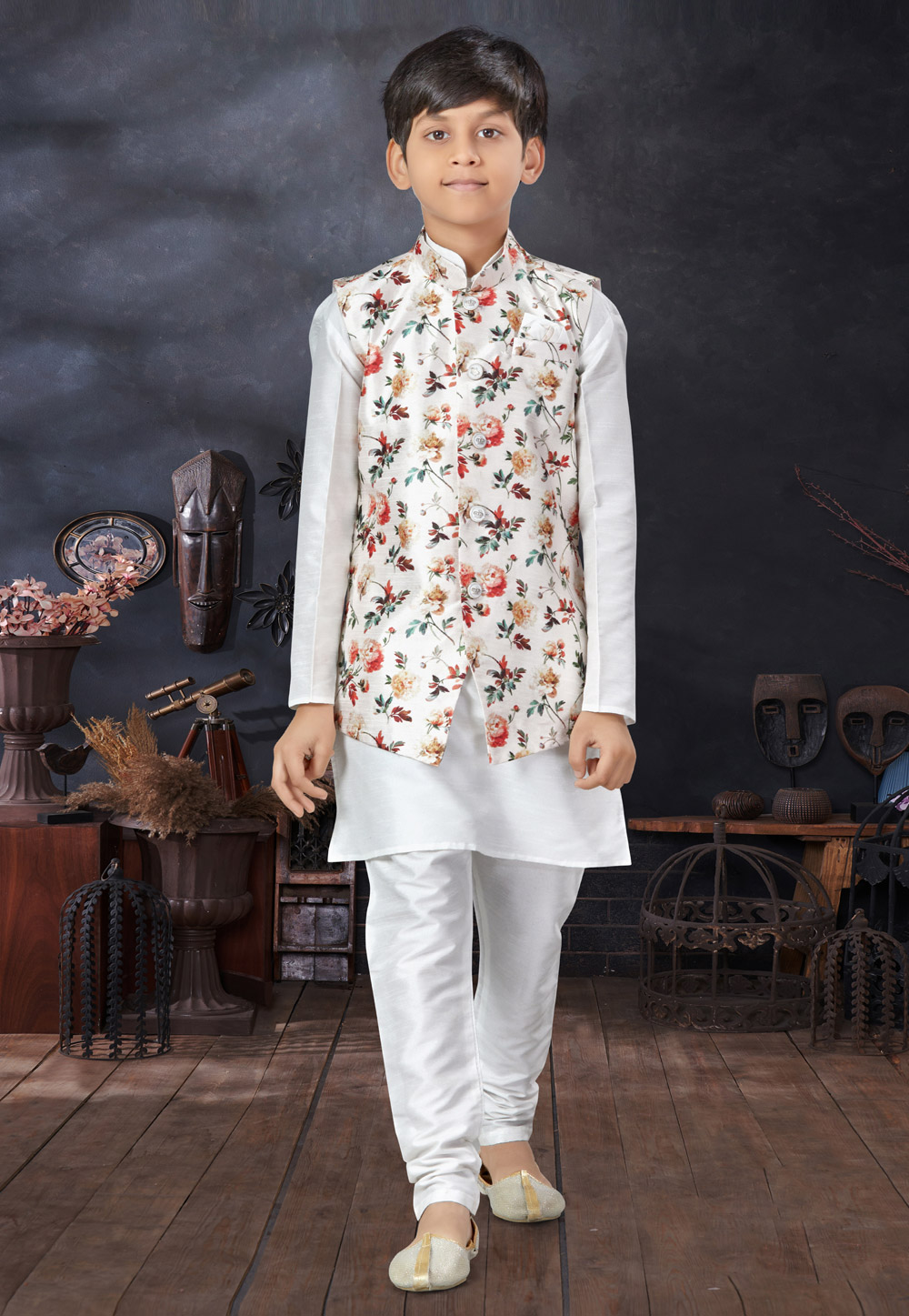 White Silk Kids Kurta Pajama With Jacket 279090