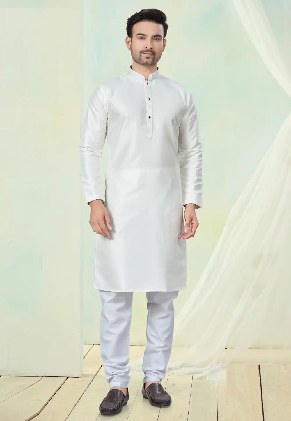 White Silk Kurta Pajama 294005