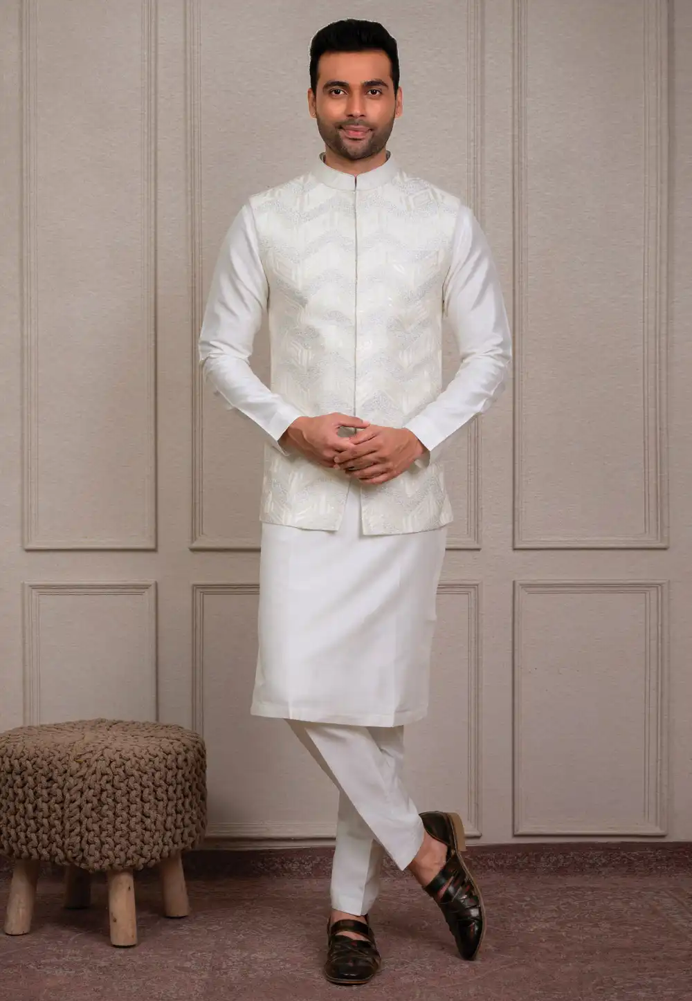 White Silk Kurta Pajama With Jacket 293920