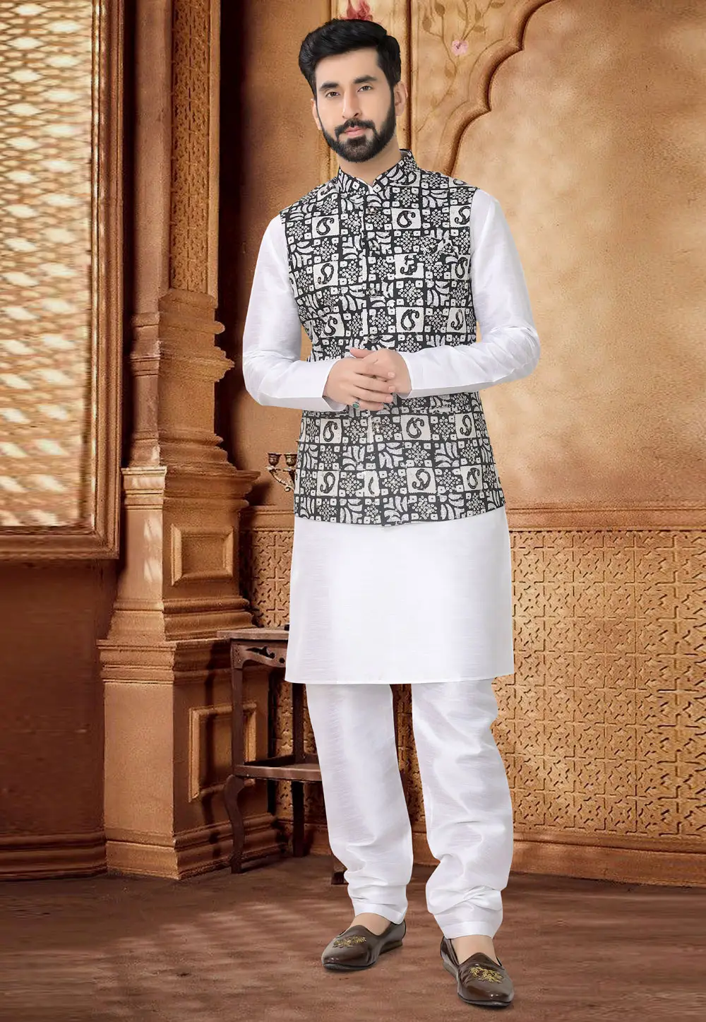 White Silk Kurta Pajama With Jacket 296958