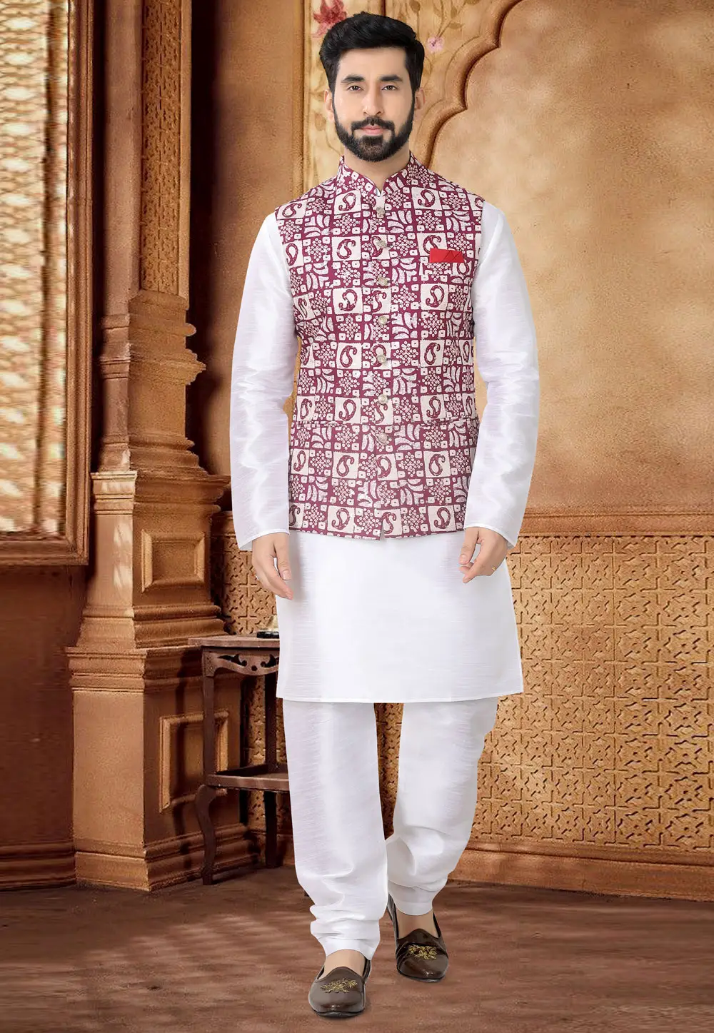 White Silk Kurta Pajama With Jacket 296959