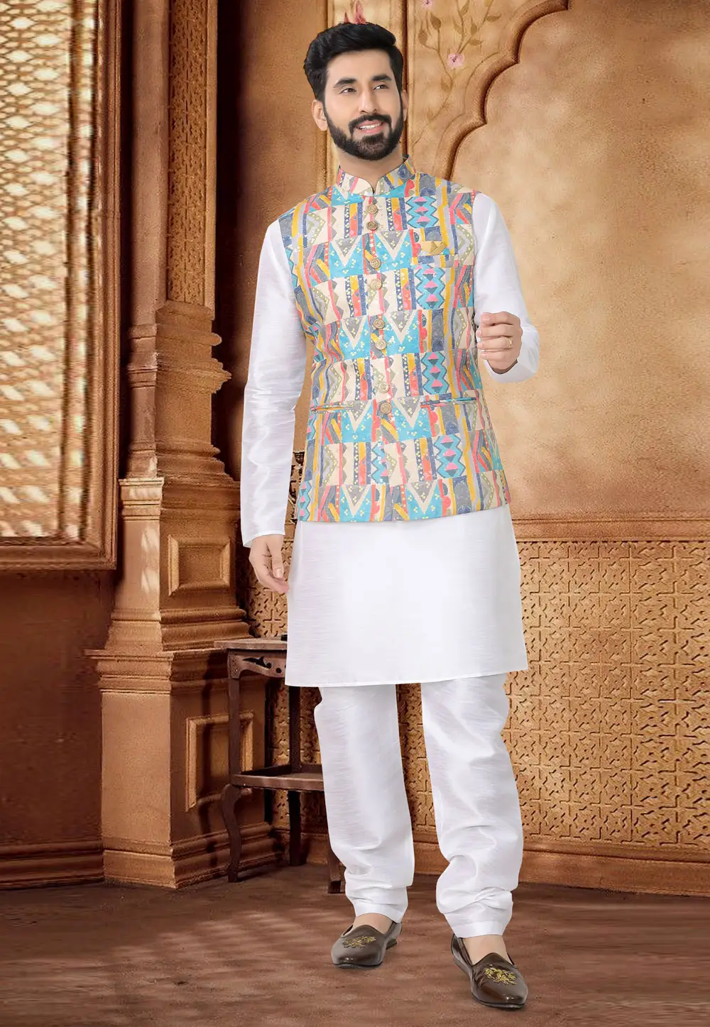 White Silk Kurta Pajama With Jacket 296960