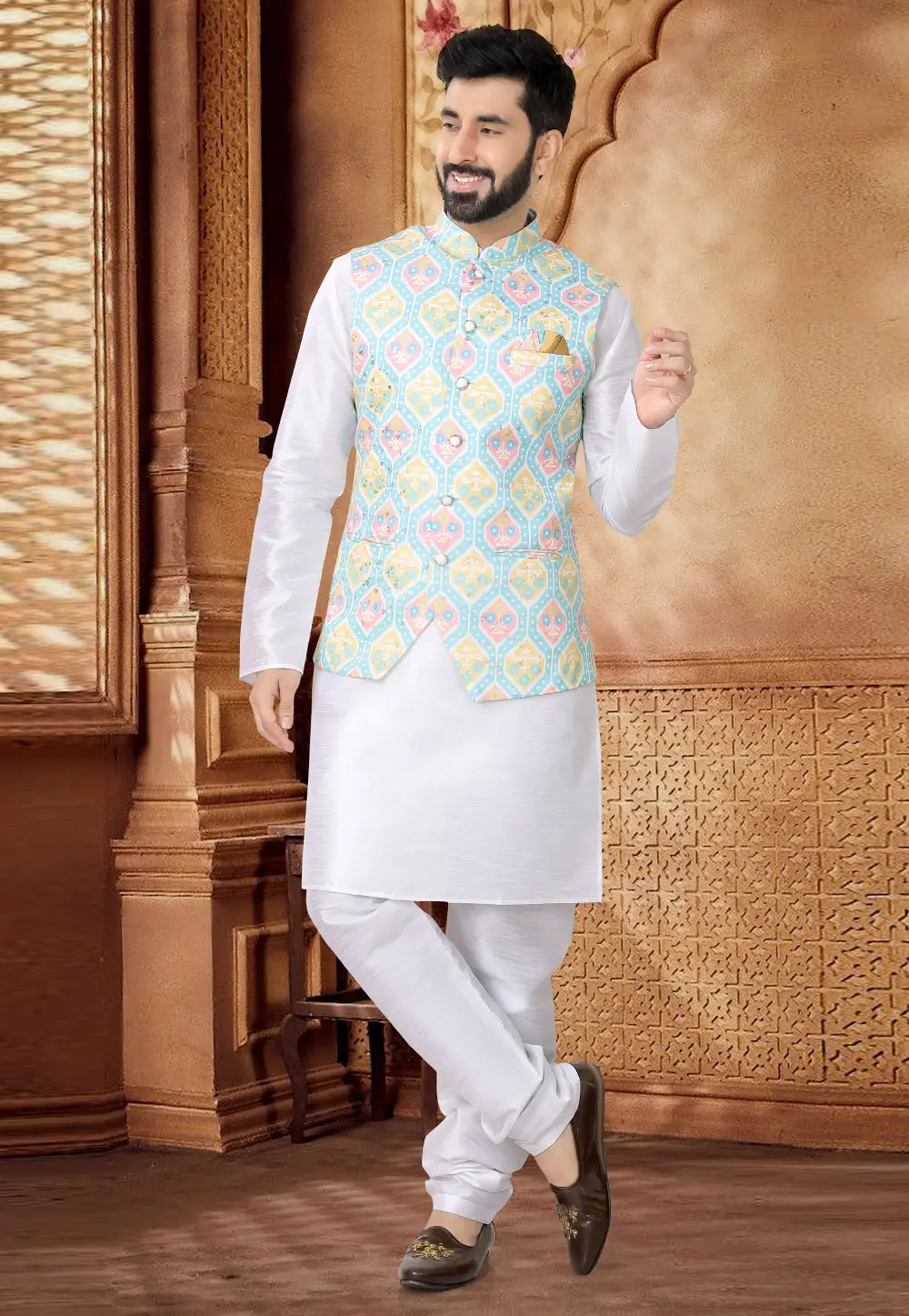 White Silk Kurta Pajama With Jacket 296961