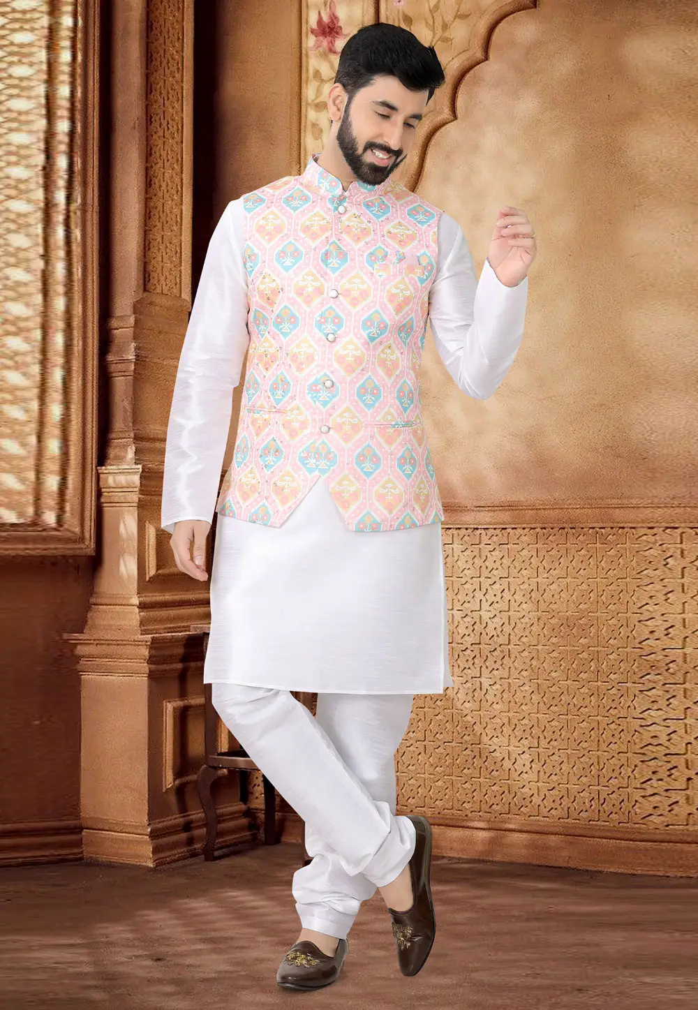 White Silk Kurta Pajama With Jacket 296962