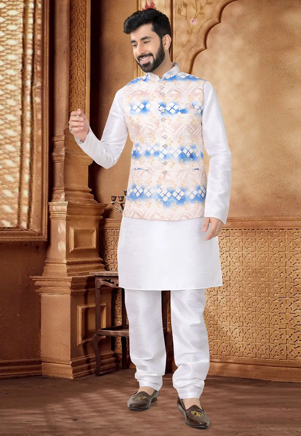 White Silk Kurta Pajama With Jacket 296963