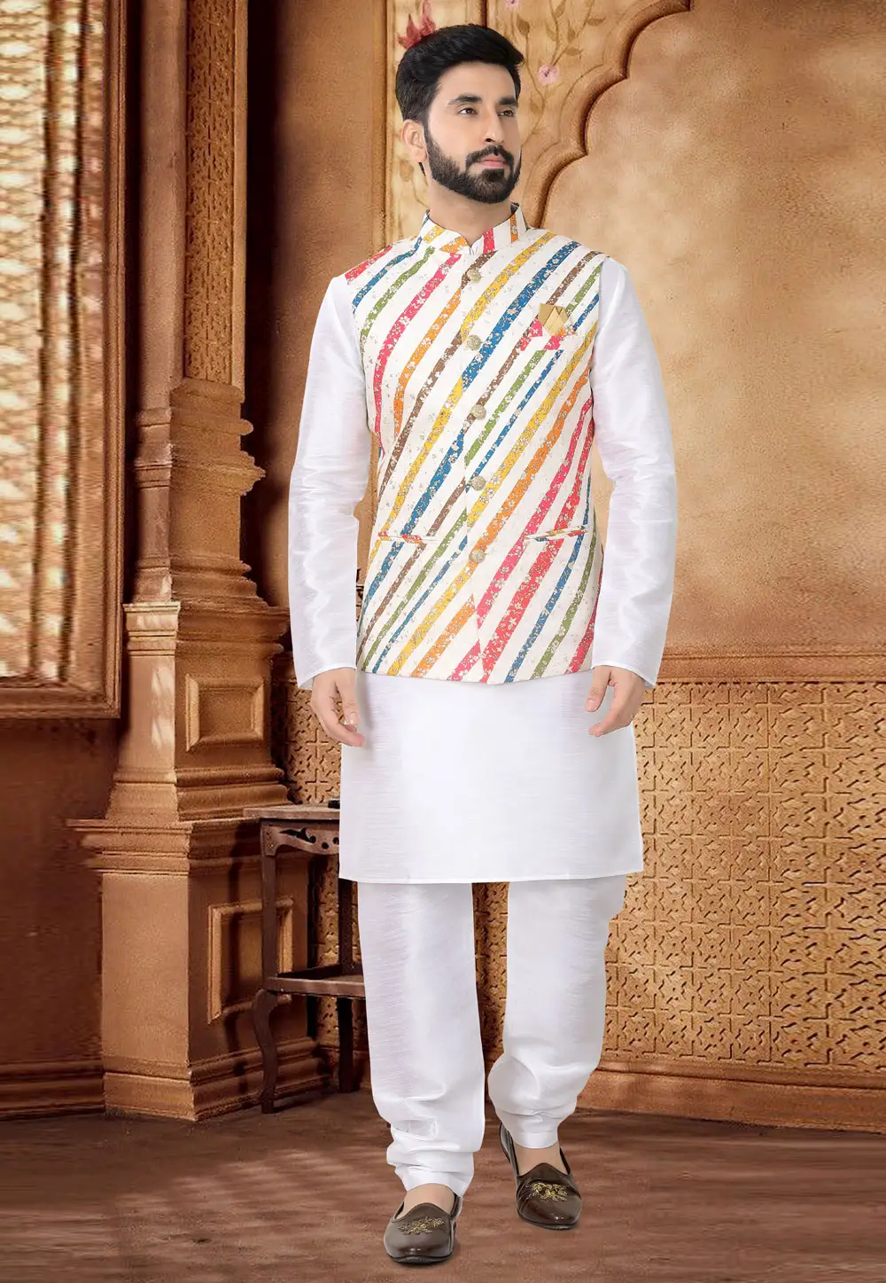 White Silk Kurta Pajama With Jacket 296964