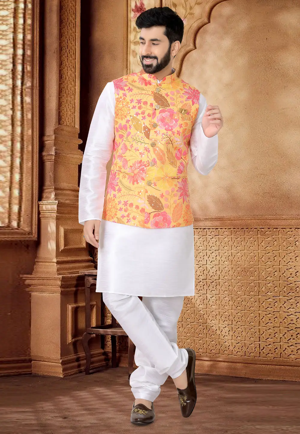 White Silk Kurta Pajama With Jacket 296965