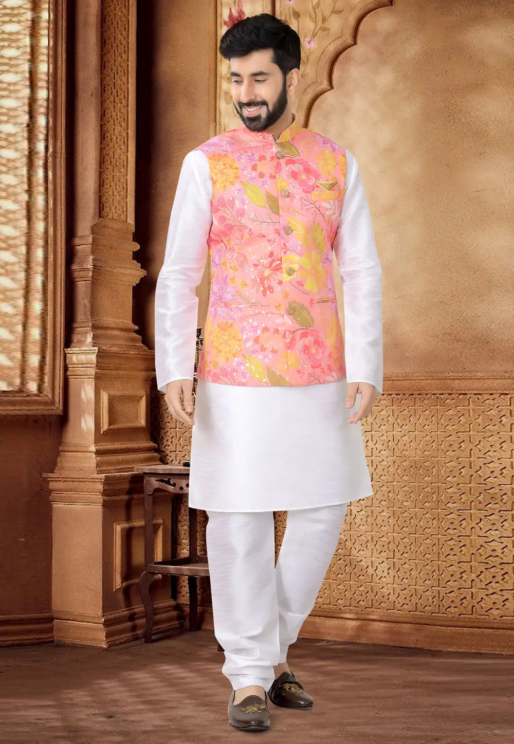 White Silk Kurta Pajama With Jacket 296966