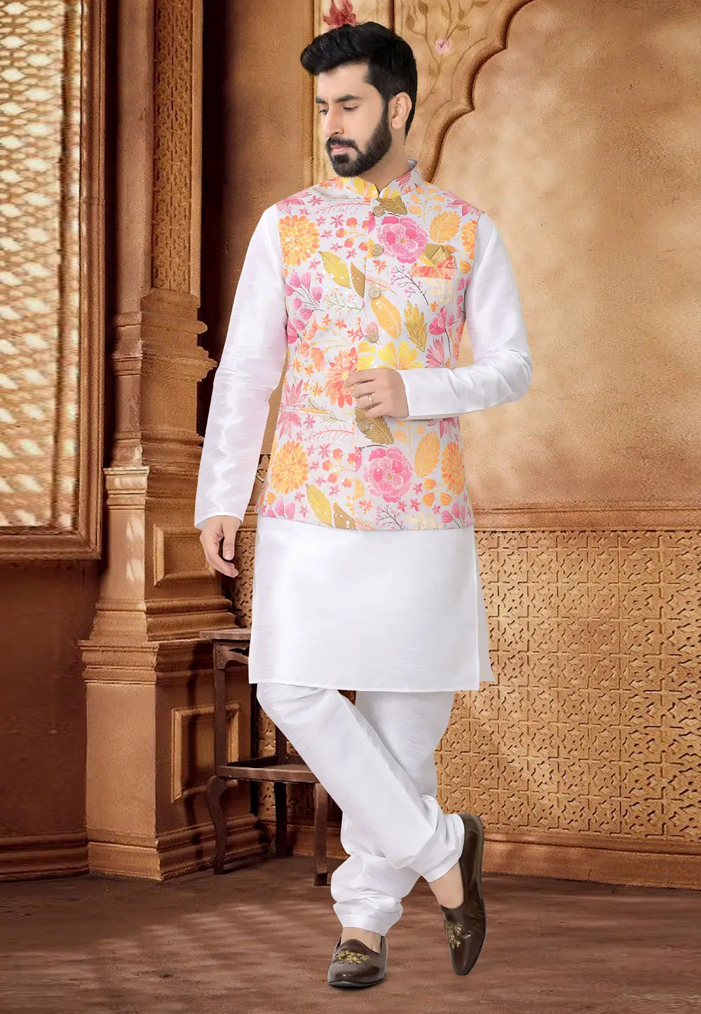 White Silk Kurta Pajama With Jacket 296967