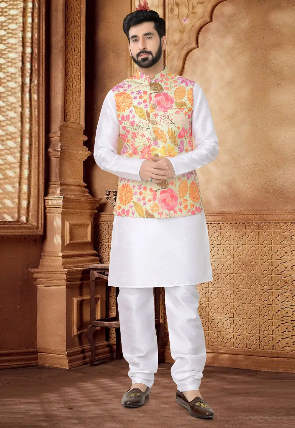 White Silk Kurta Pajama With Jacket 296968