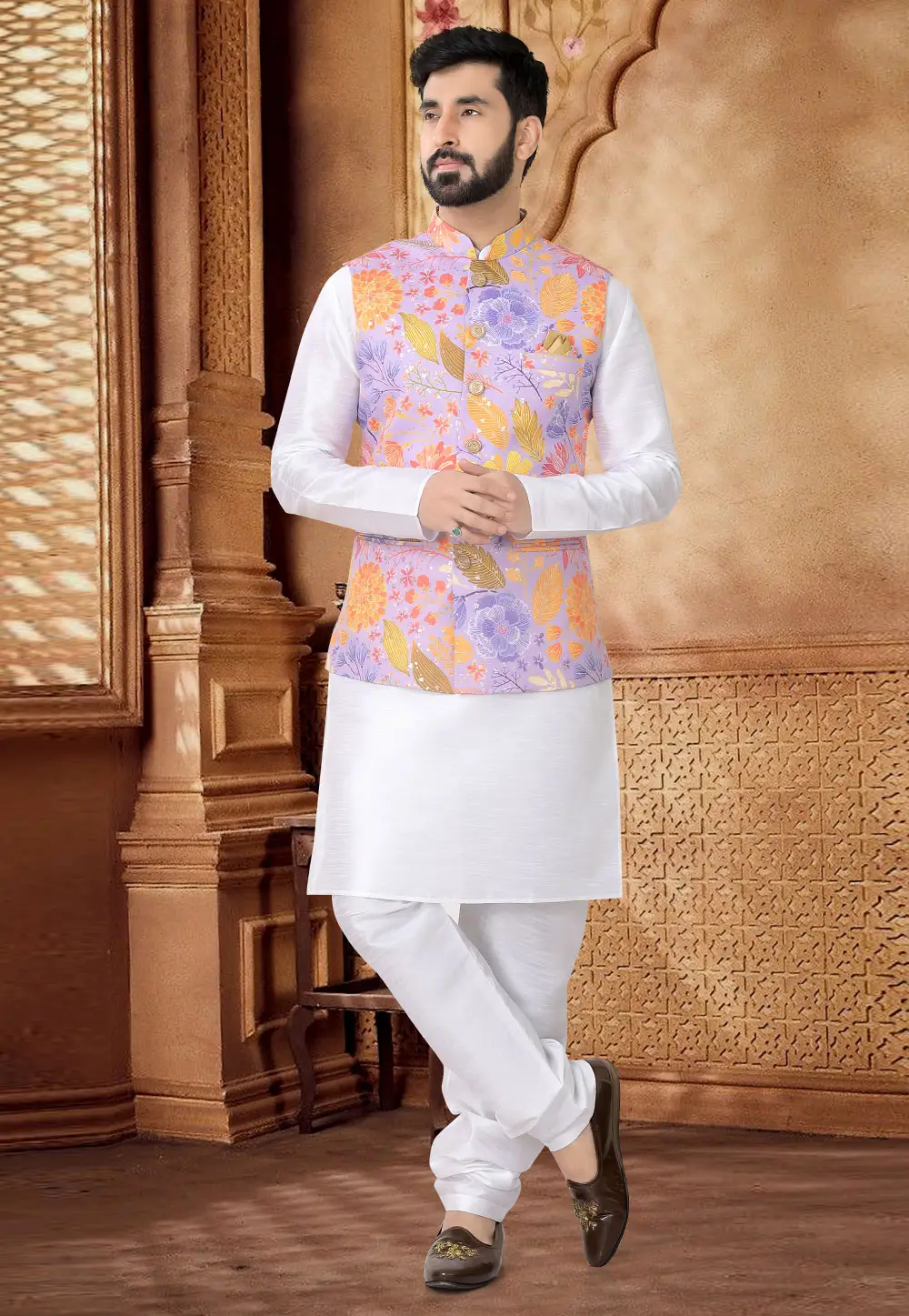 White Silk Kurta Pajama With Jacket 296969