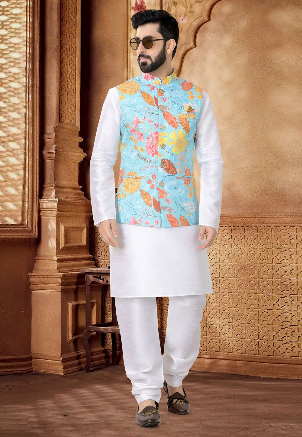 White Silk Kurta Pajama With Jacket 296970