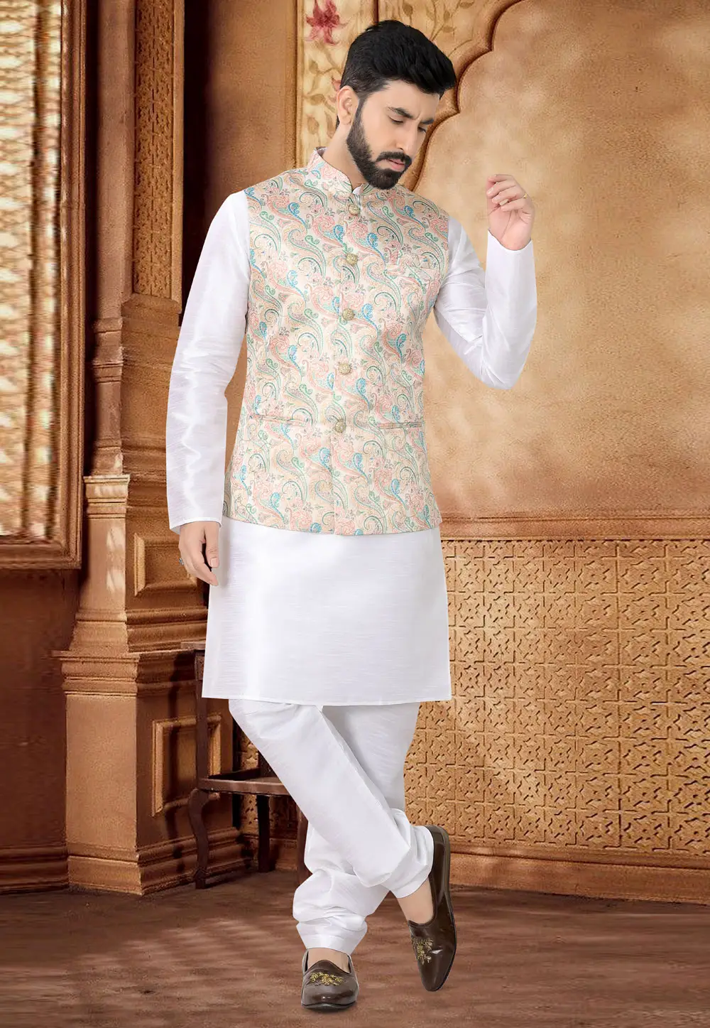 White Silk Kurta Pajama With Jacket 296971