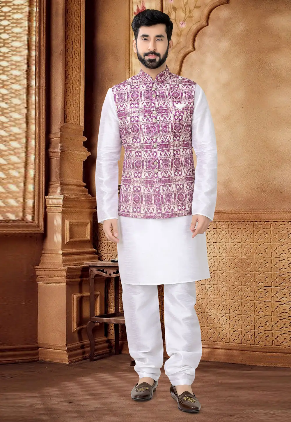 White Silk Kurta Pajama With Jacket 296972