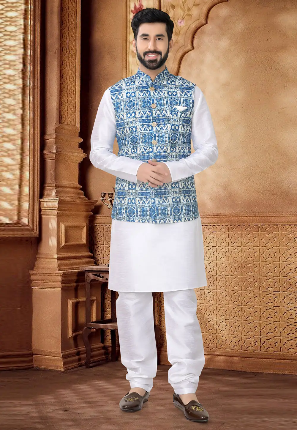 White Silk Kurta Pajama With Jacket 296973