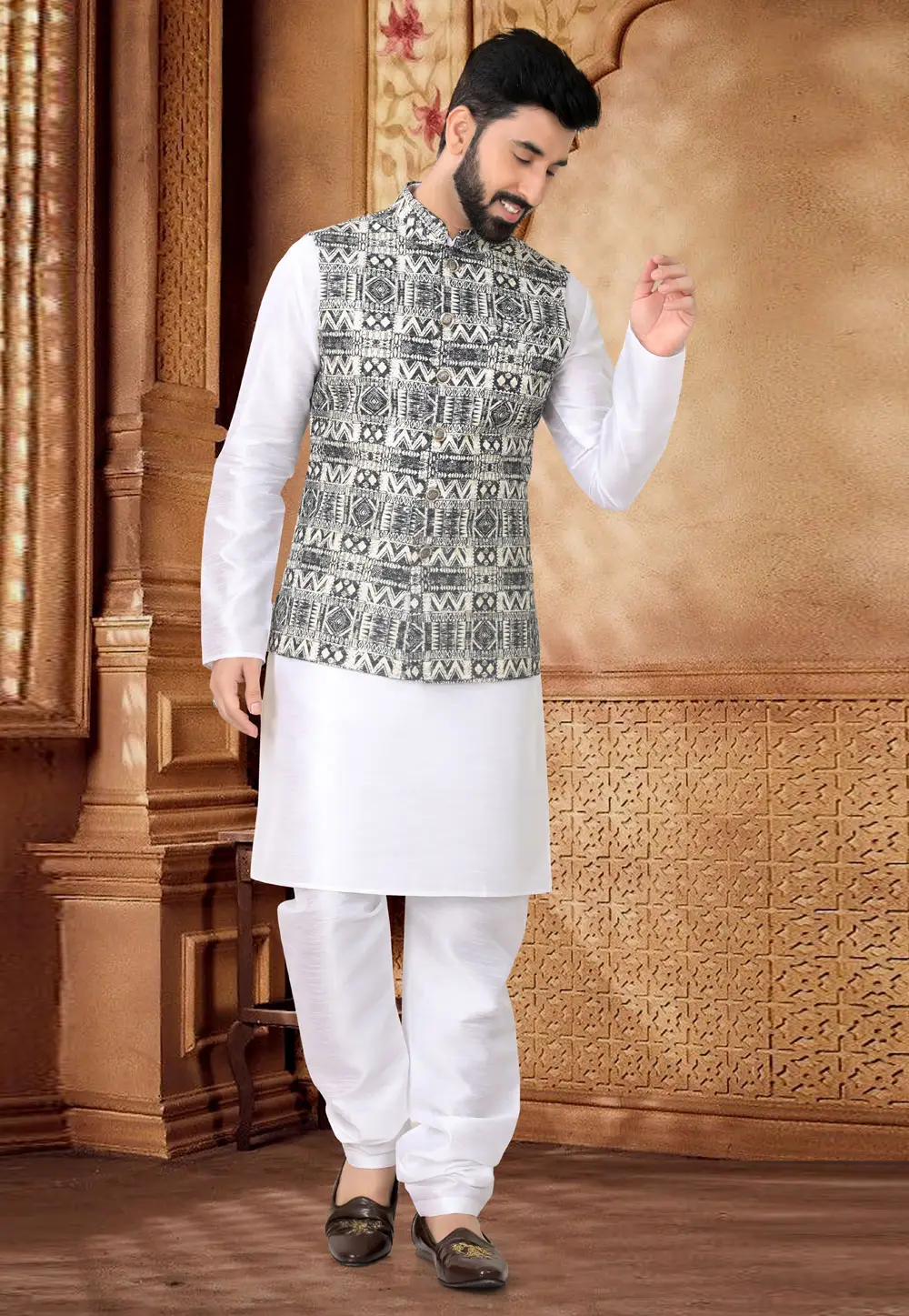 White Silk Kurta Pajama With Jacket 296974