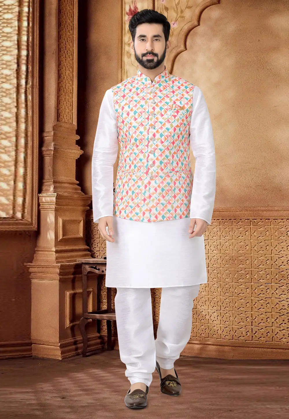 White Silk Kurta Pajama With Jacket 296975