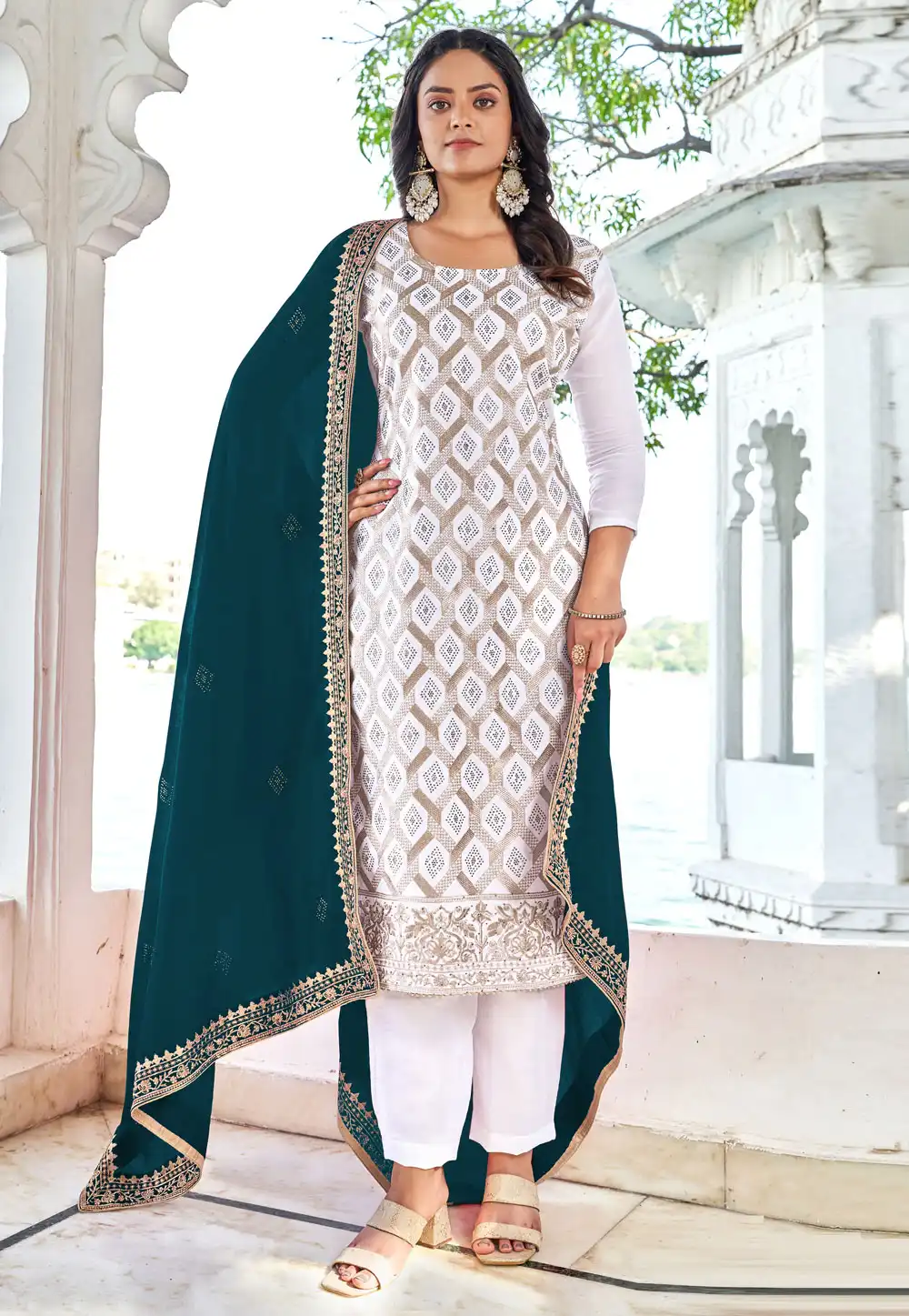 White Silk Pakistani Suit 290278